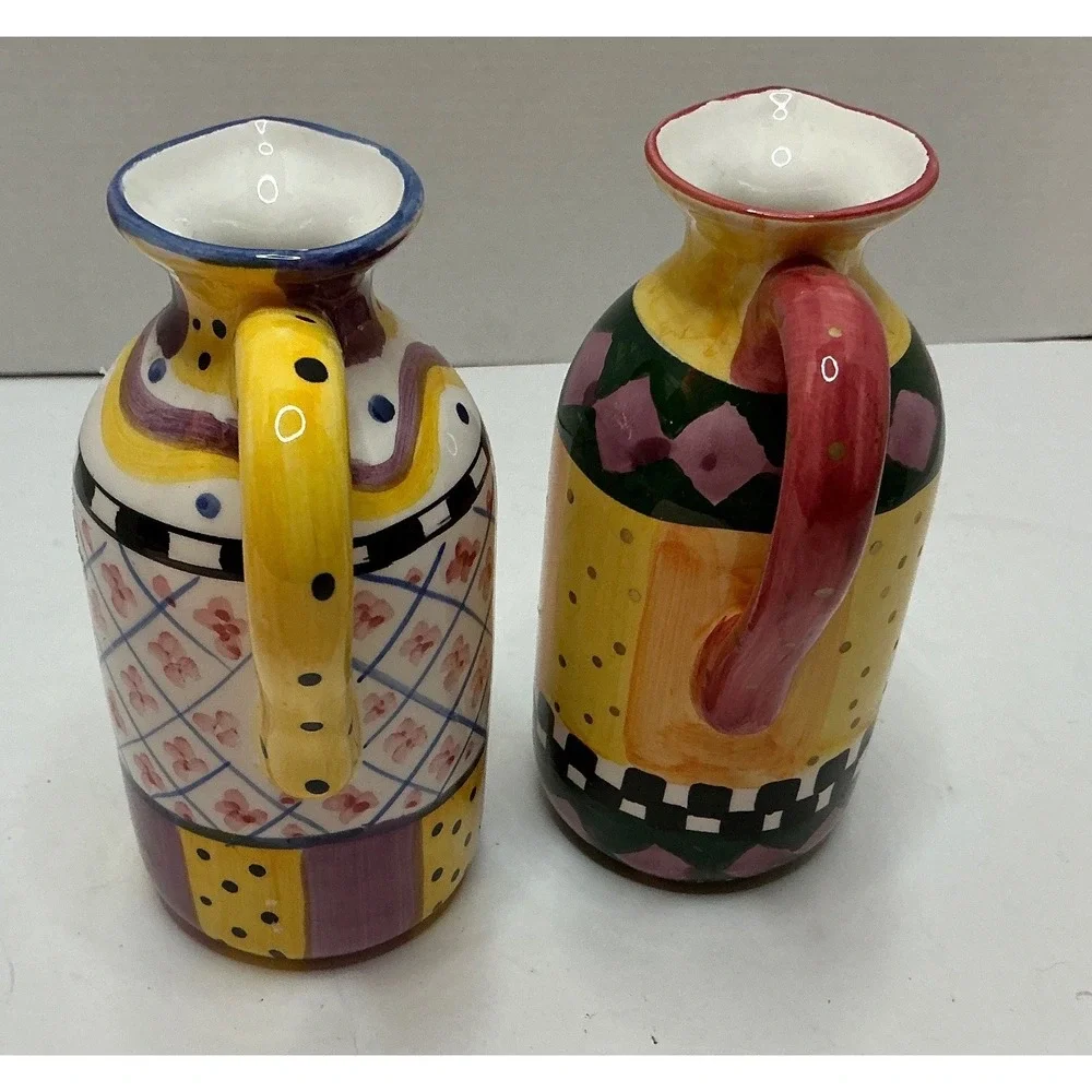Vintage‎ Ceramic Pitchers Hand Painted Whimsical Set of 2 Multi Color